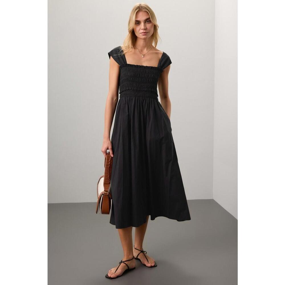 Club Monaco Black Cotton Smocked Midi Dress Size M